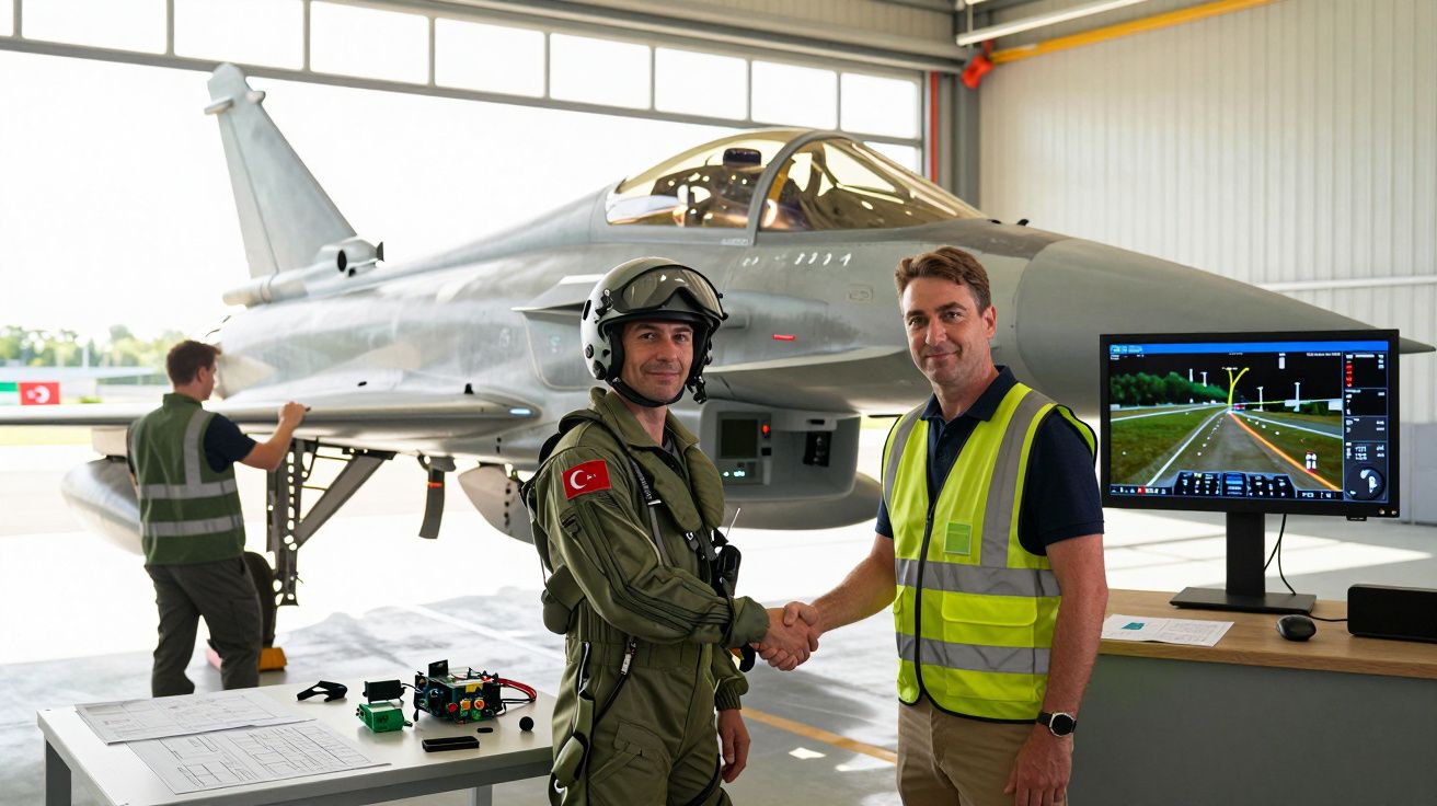 Piloto militar e técnico apertam as mãos diante de jato num hangar com outro homem a trabalhar ao fundo.