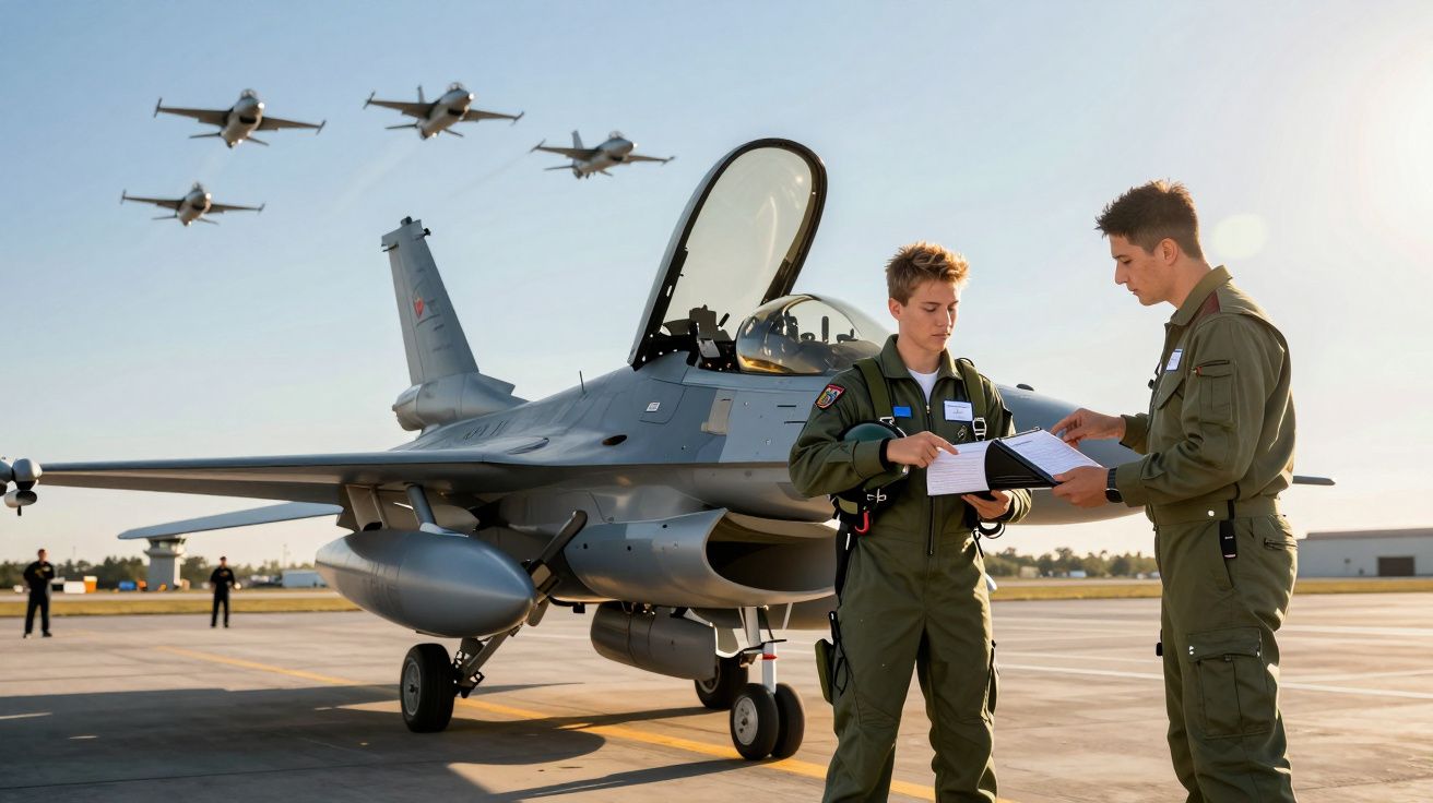 Dois pilotos militares com fato de voo estão ao lado de um caça estacionado, enquanto quatro aviões fazem voo em formação ao 