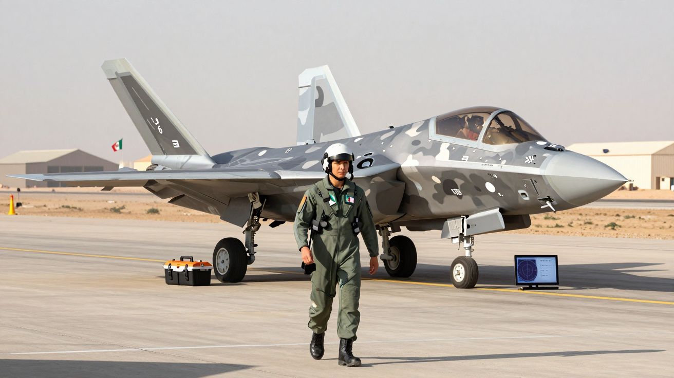 Piloto militar com fato verde e capacete caminha perto de caça F-35 camuflado numa pista de aeroporto no deserto.