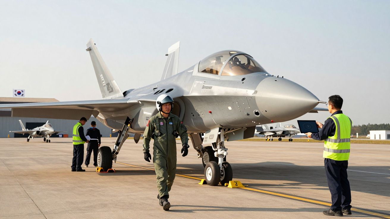 Caça militar cinzento num aeroporto com piloto e técnicos em coletes amarelos a realizarem inspeção.
