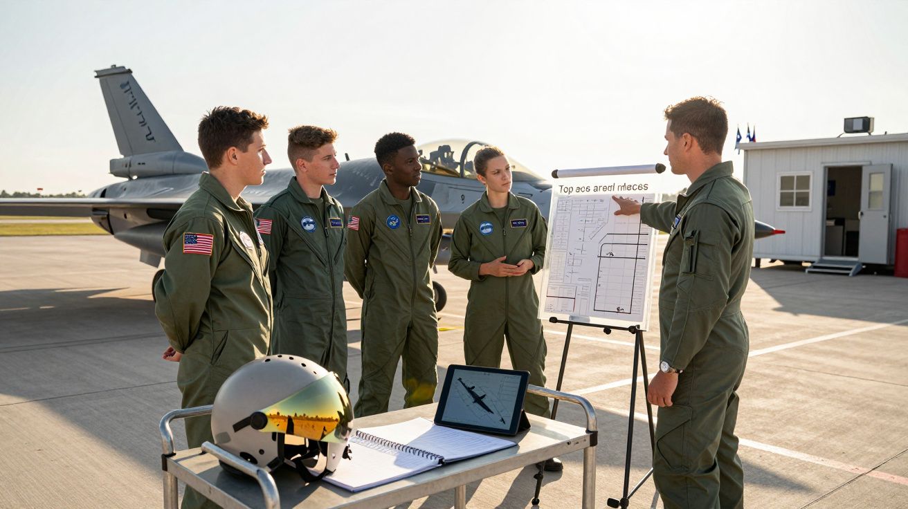 Grupo de cinco pilotos militares em uniforme verde recebem instruções junto a avião e material de voo numa base aérea.