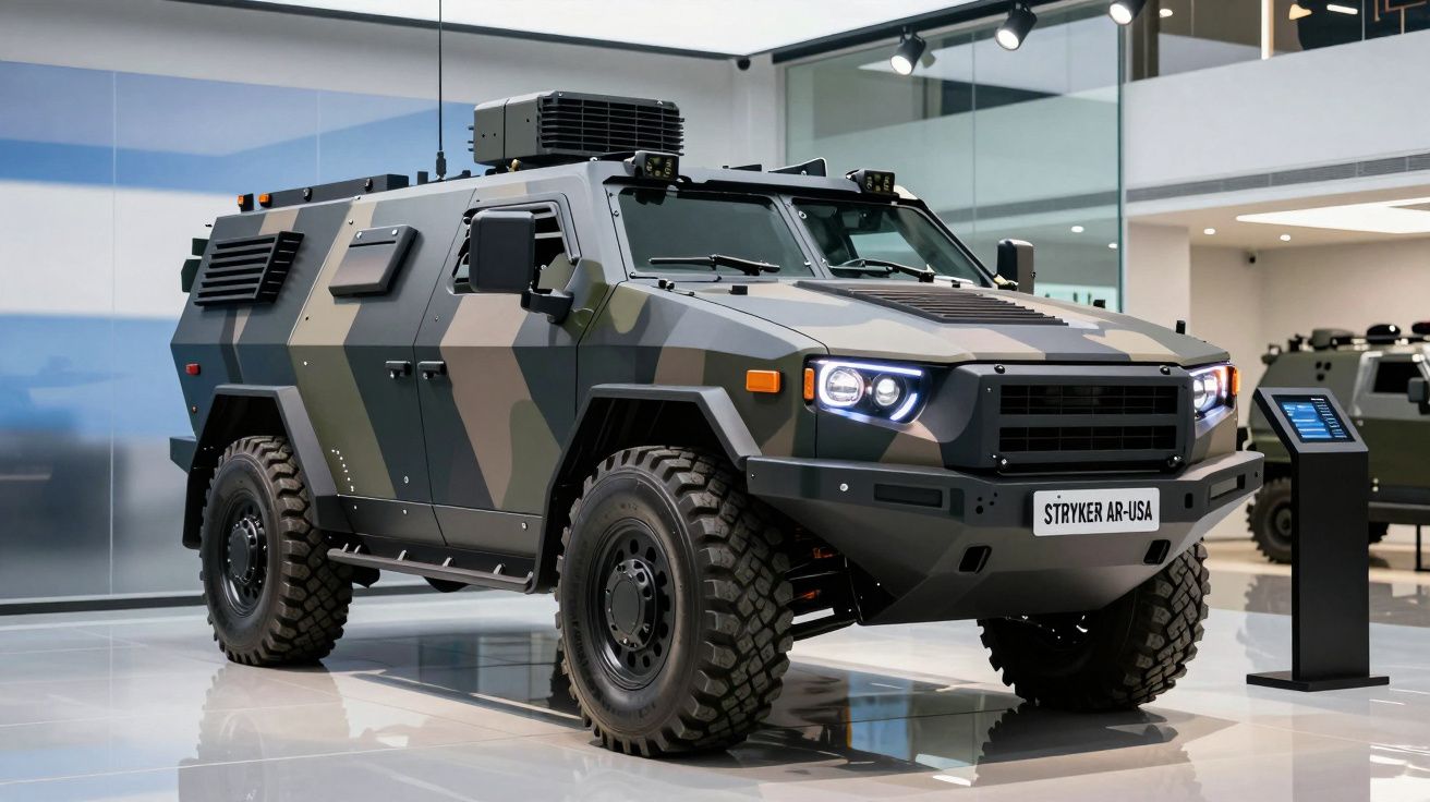 Veículo militar blindado camuflado com faróis acesos exposto em ambiente interno moderno.