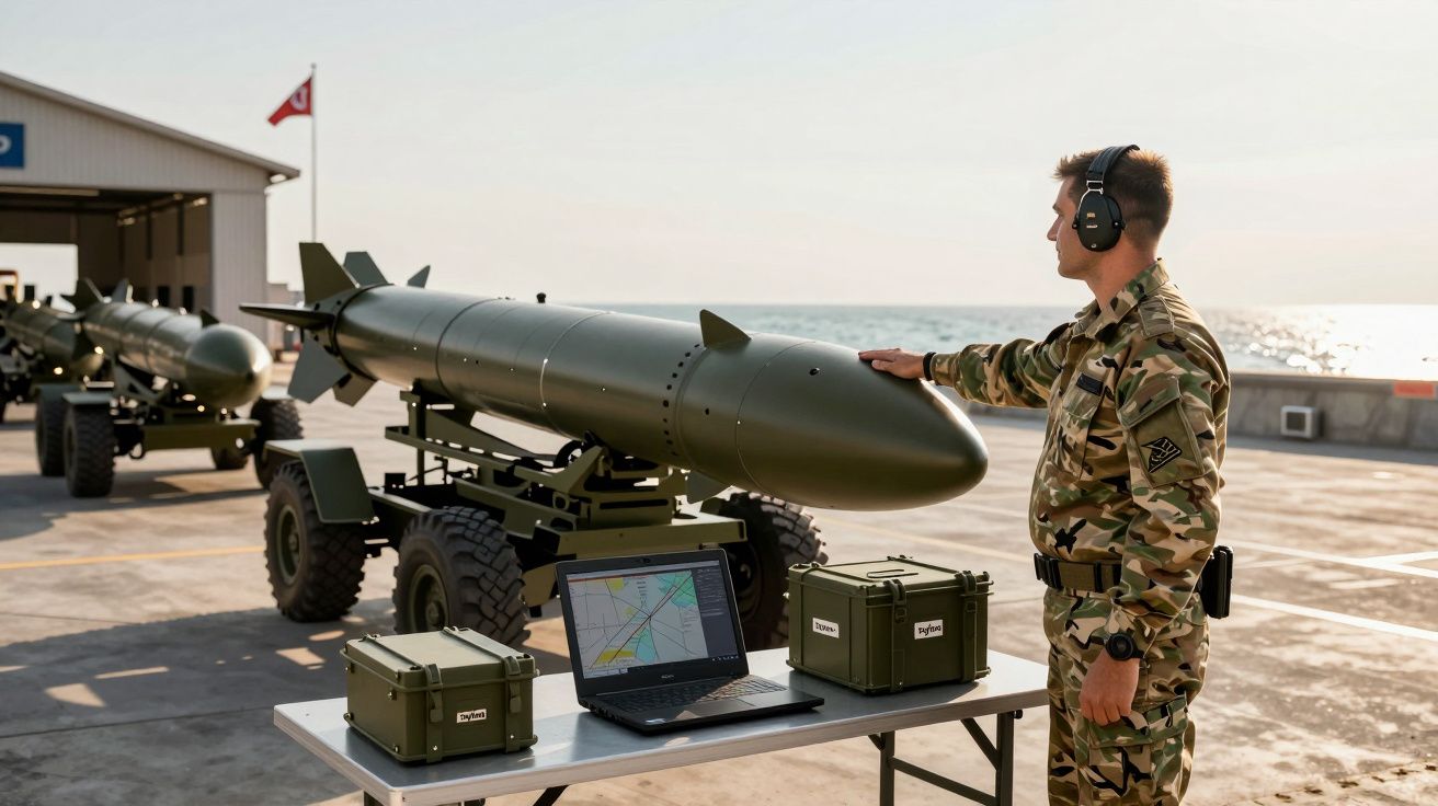 Soldado em uniforme militar junto a míssil grande sobre reboque, com computador e caixas verdes numa mesa perto do mar.
