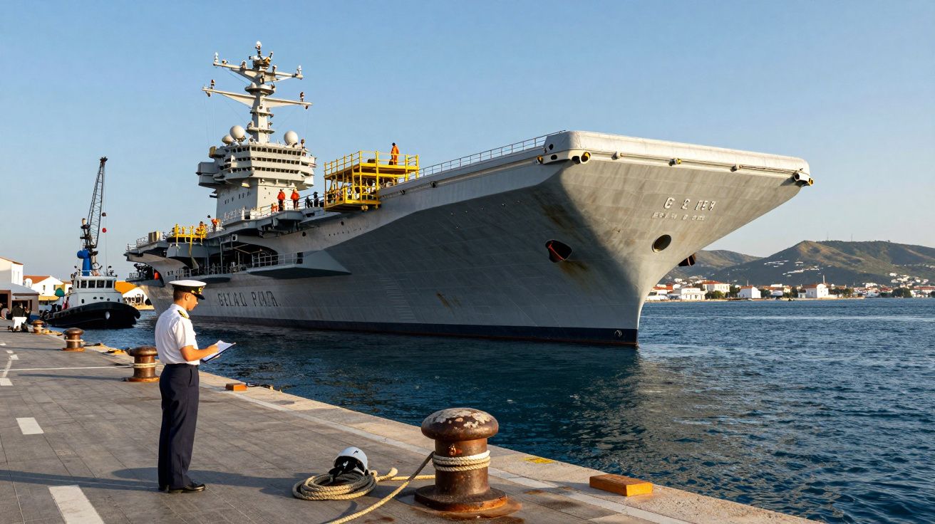 Porta-aviões atracado no porto com oficial em uniforme a verificar documentos na frente.