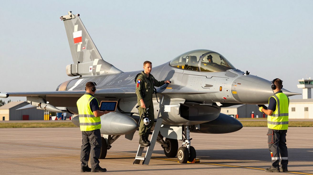 Piloto de caça sobe escada para entrar em avião militar, enquanto dois técnicos observam na pista.