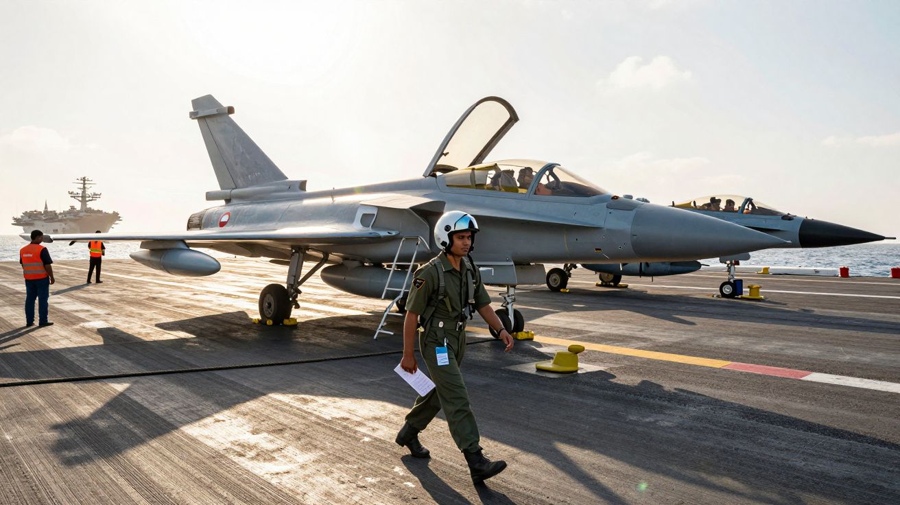 Caça militar num porta-aviões com piloto a caminhar na pista e mar ao fundo.