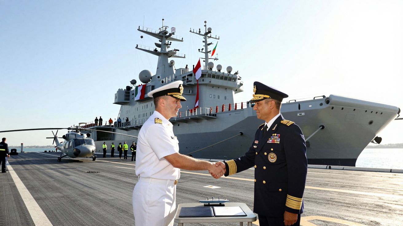 Dois oficiais militares apertam as mãos no convés de um porta-aviões, com helicóptero ao fundo.