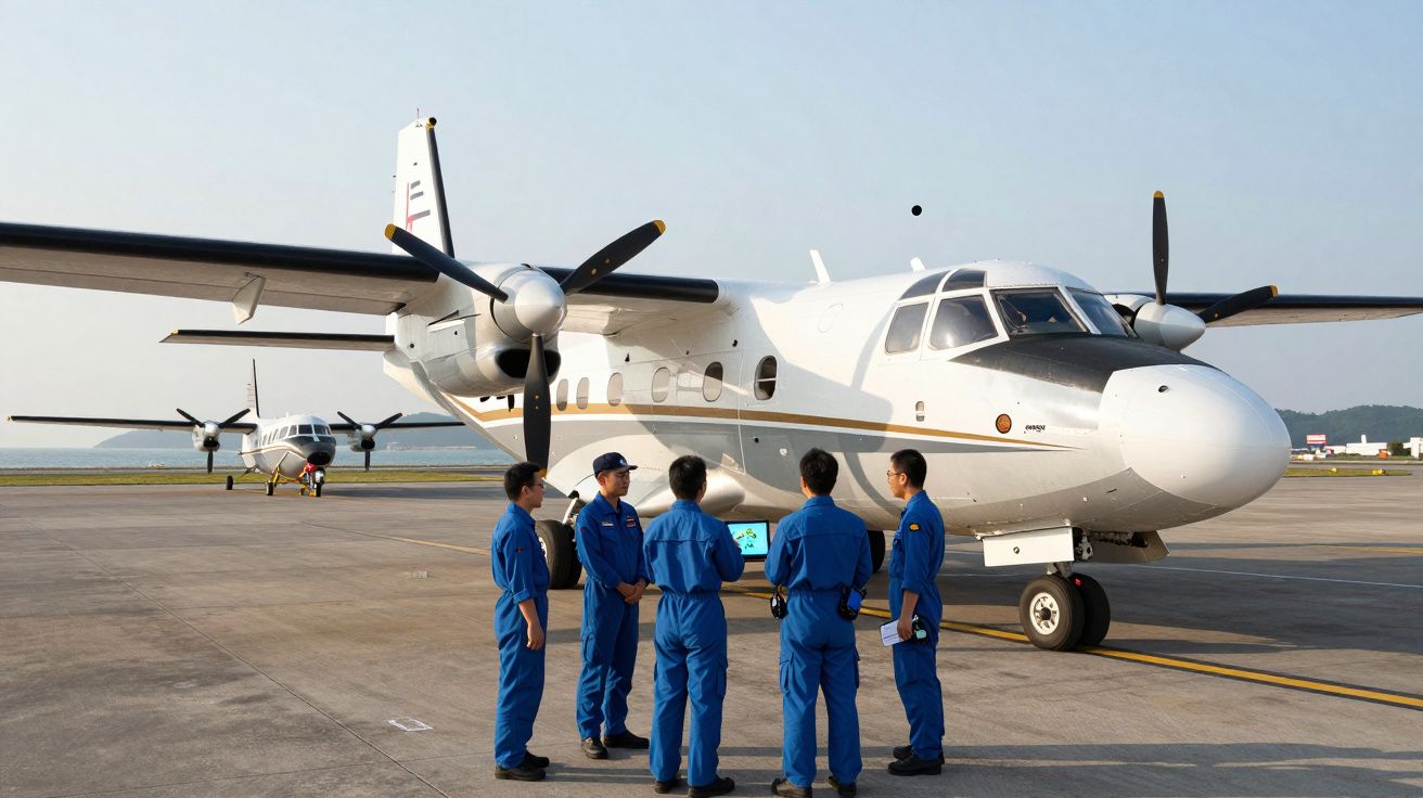 Cinco pessoas de macacão azul reunidas em frente a dois aviões de turbopropulsão num aeroporto.