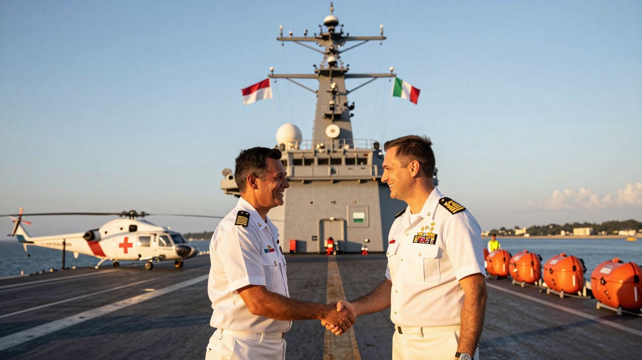 Dois oficiais navais a cumprimentar-se no convés de um navio com helicóptero e botes salva-vidas ao fundo.