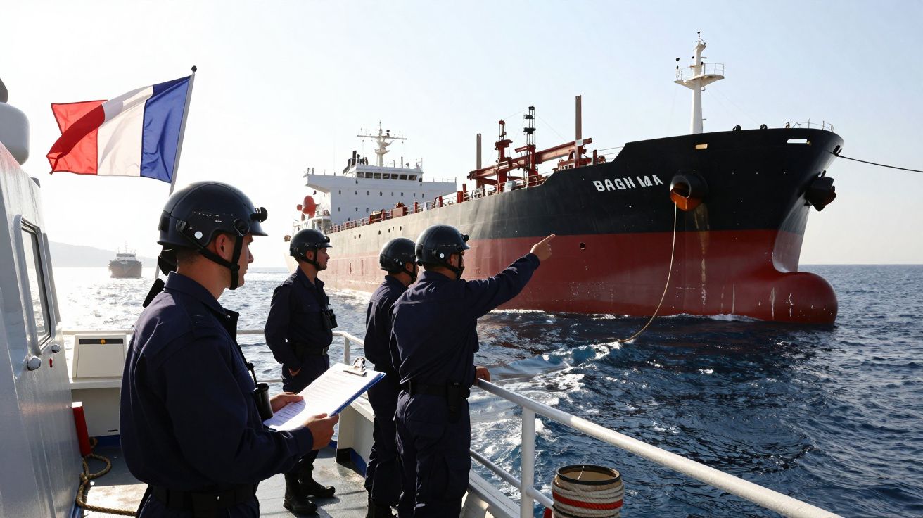 Quatro militares com capacetes inspecionam navio cargueiro vermelho e preto com bandeira de França ao lado.