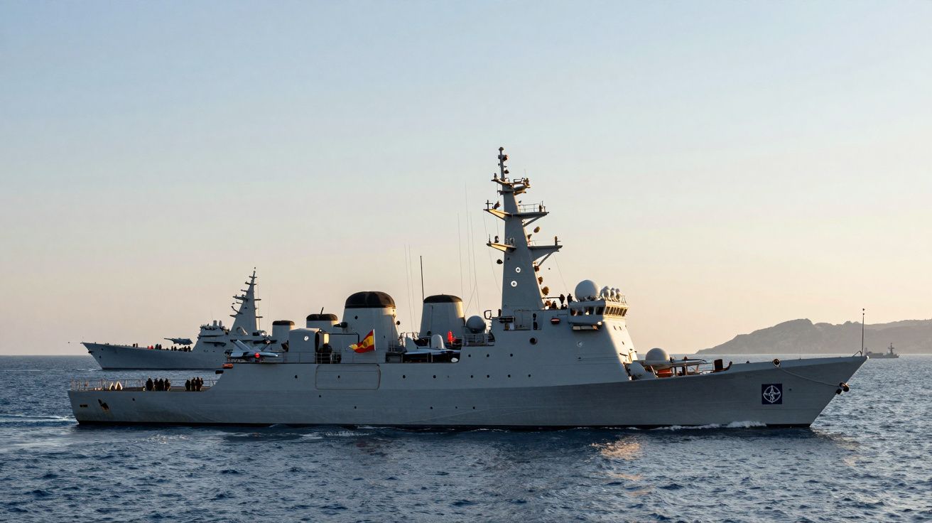 Dois navios de guerra em mar calmo ao pôr do sol, com bandeira espanhola numa embarcação.