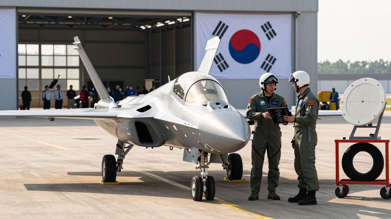 Caça militar branco estacionado em pista com duas pessoas em fato de piloto e bandeira da Coreia do Sul ao fundo.