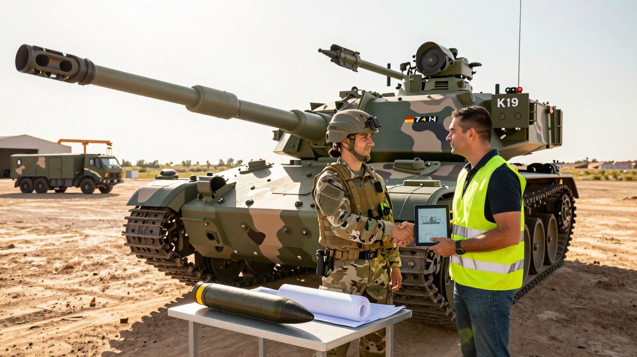 Soldado em uniforme militar e homem em colete refletor apertam as mãos em frente a um tanque de guerra camuflado.