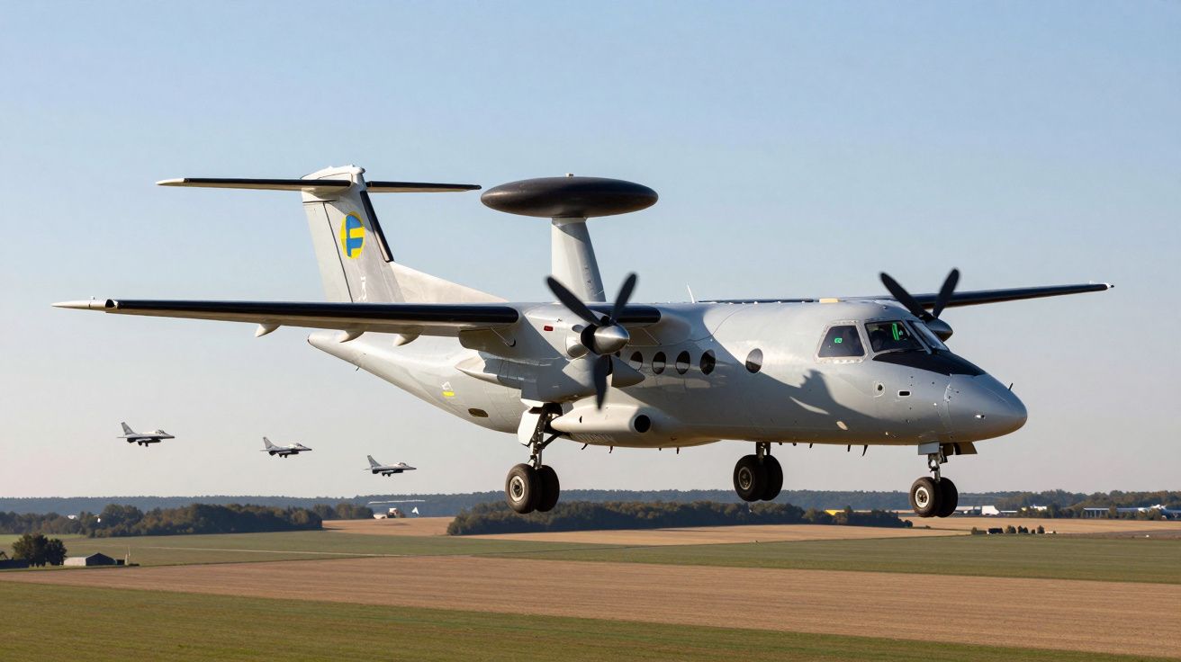 Avião de reconhecimento aéreo branco com radar no topo, a voar baixo sobre campo verde com outros quatro aviões ao fundo.
