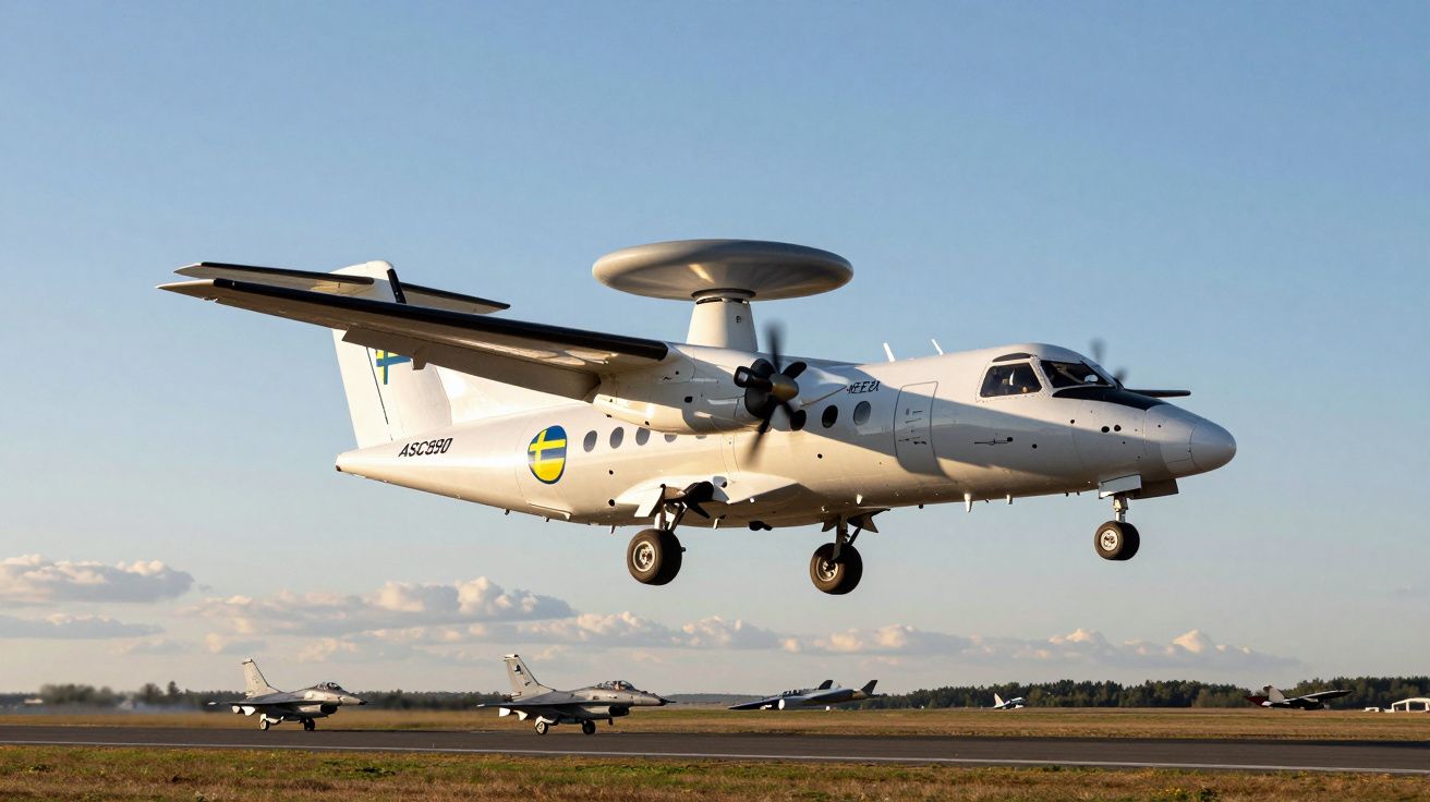 Avião militar de vigilância aérea E-99 com radar a bordo a descolar, com vários jatos de caça no solo.