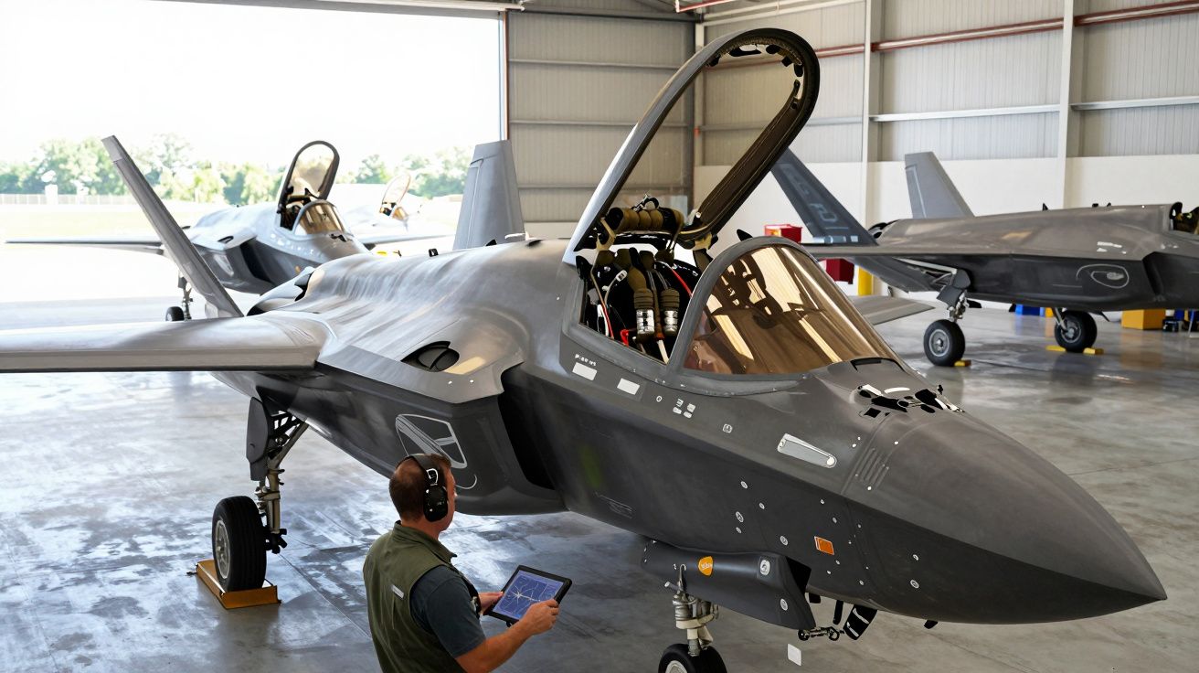 Homem com auscultadores verifica caça moderno cinzento com cockpit aberto numa hangar espaçosa.