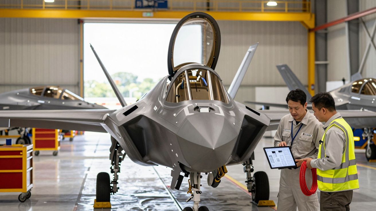 Caça militar cinzento em hangar com dois técnicos a analisar dados num tablet e equipamento de manutenção.