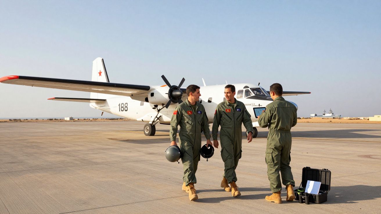 Três pilotos militares em uniforme verde caminham numa pista de aeroporto junto a um avião branco com hélice.