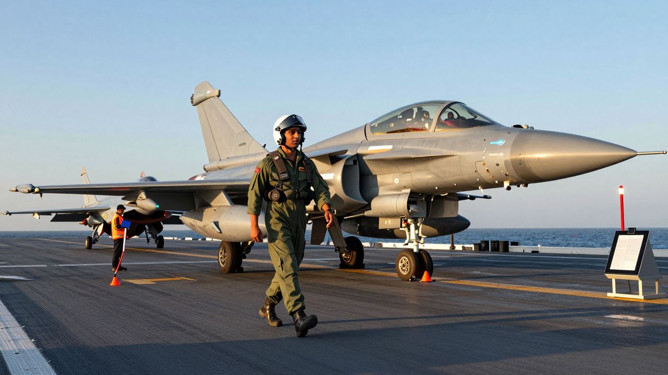 Piloto militar a caminhar na pista de um porta-aviões com caças de combate estacionados ao fundo e mar visível.