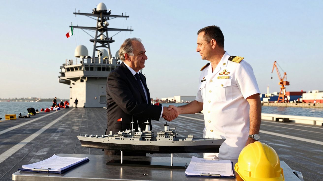 Dois homens apertam as mãos no convés de um porta-aviões com modelo do navio e capacete amarelo sobre a mesa.