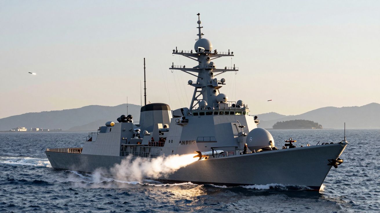 Fragata militar em mar aberto disparando um míssil ao entardecer com montanhas ao fundo.