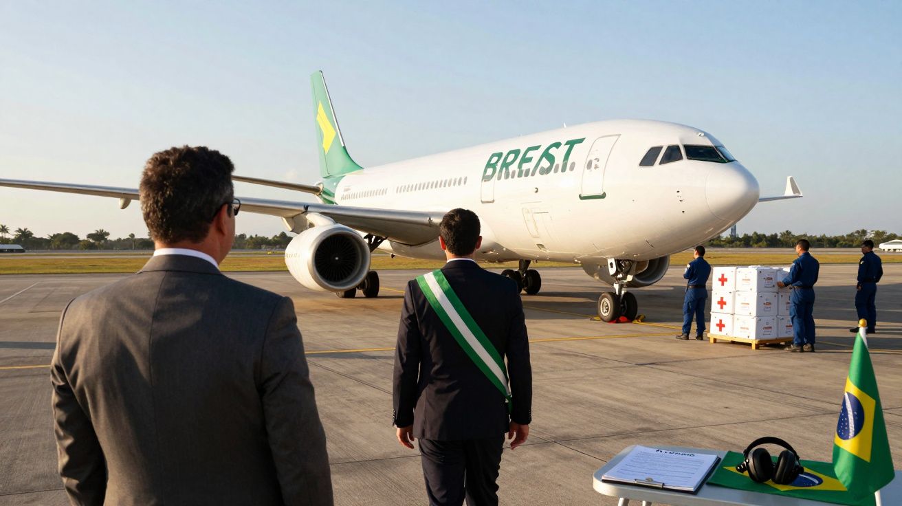 Duas pessoas de costas observam avião da BREST numa pista, com caixas da Cruz Vermelha e bandeira do Brasil.