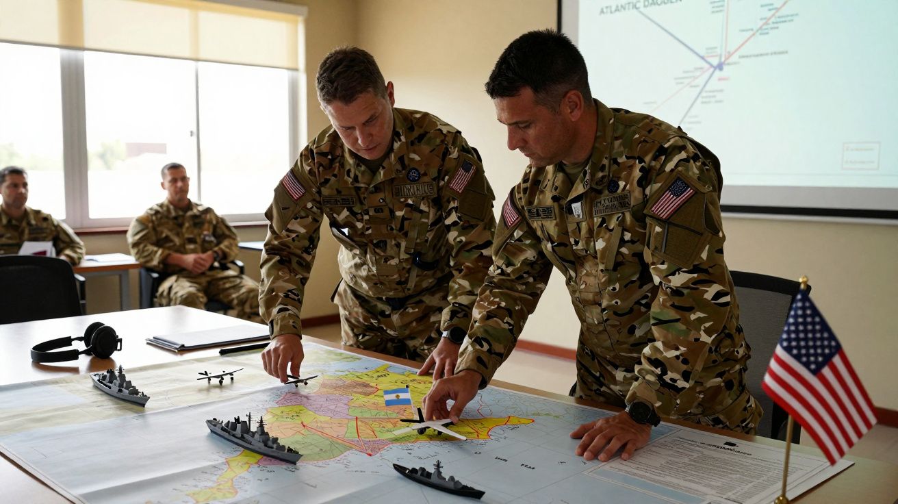 Soldados americanos em uniforme camuflado planeiam estratégia com mapas e miniaturas de navios e aviões numa sala.