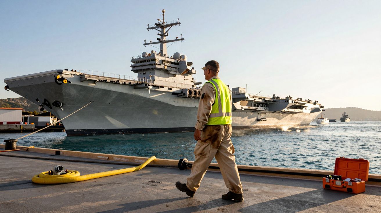 Homem com colete refletor caminha em cais junto a grande porta-aviões ancorado no porto ao entardecer.