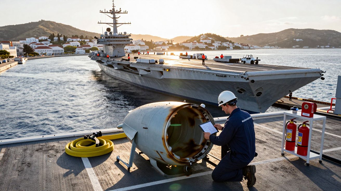 Marinheiro com capacete inspeciona equipamento no convés de porta-aviões atracado em porto ao pôr do sol.