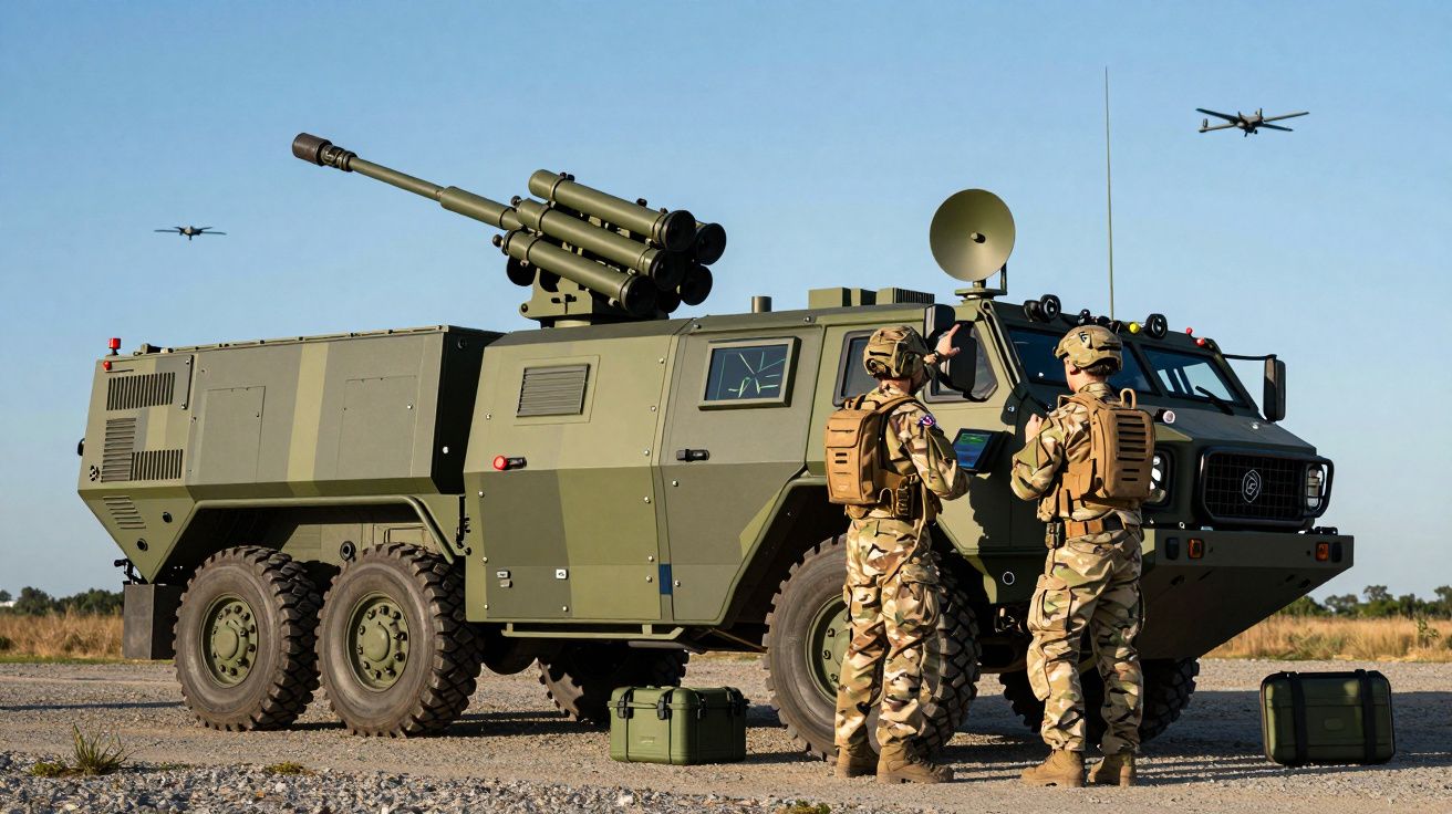 Veículo militar blindado com canhão, dois soldados equipados e dois drones voando ao fundo em terreno aberto.