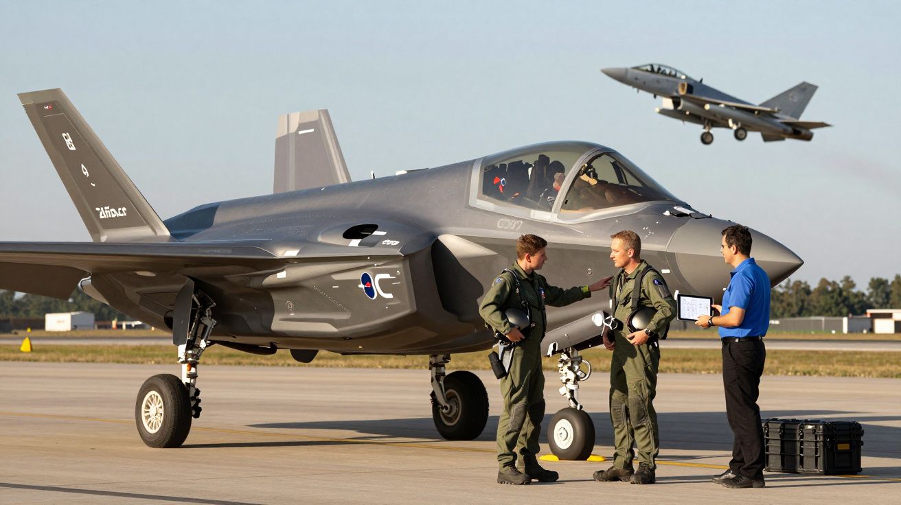 Dois pilotos em fato de voo falam com um técnico junto a um caça furtivo estacionado, com outro avião a descolar ao fundo.