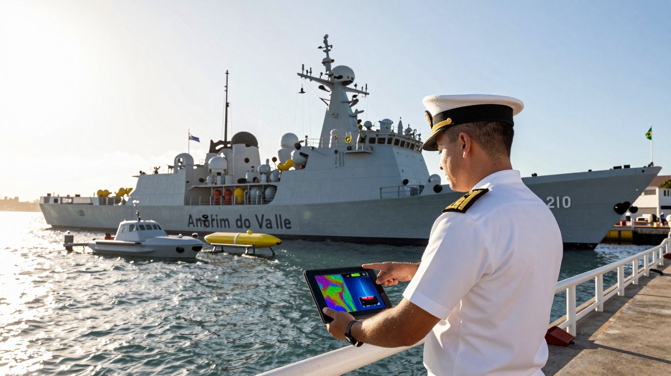 Militar da marinha com tablet a bordo de doca, navio de guerra cinzento ao fundo ao pôr do sol.
