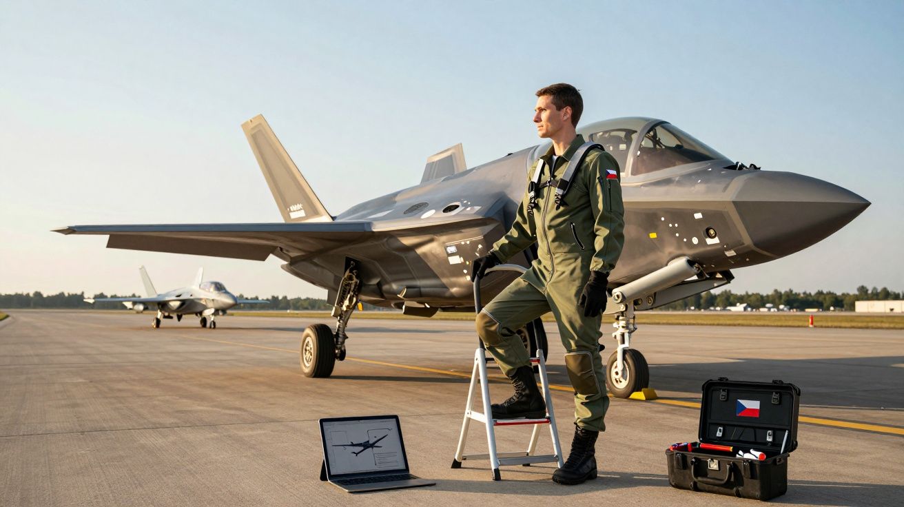 Militar em fato de voo junto a caça furtivo no pátio de um aeroporto com ferramentas e portátil no chão.