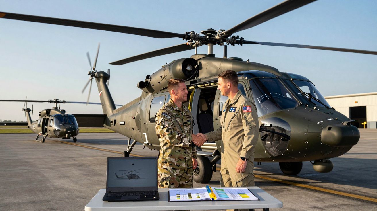 Dois militares apertam as mãos junto a um helicóptero militar estacionado numa base aérea.