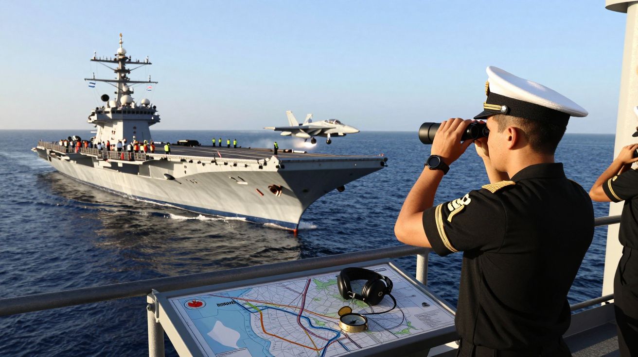 Marinheiro observa porta-aviões com avião de combate pousando no convés, no mar calmo, durante o dia.