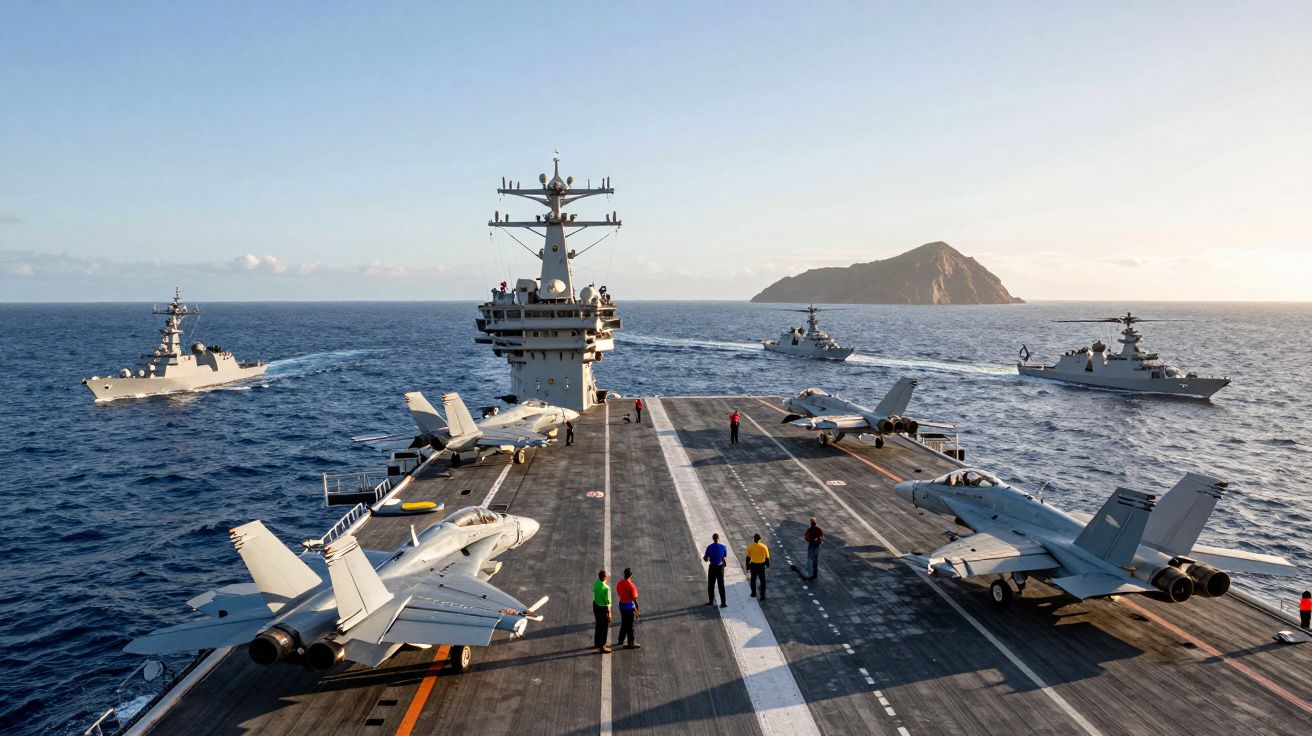 Porta-aviões com caças a jato no convés e quatro navios militares no mar ao redor, ilha ao fundo.