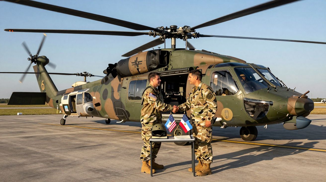 Dois militares apertam as mãos em frente a helicópteros militares camuflados numa pista de aeroporto.