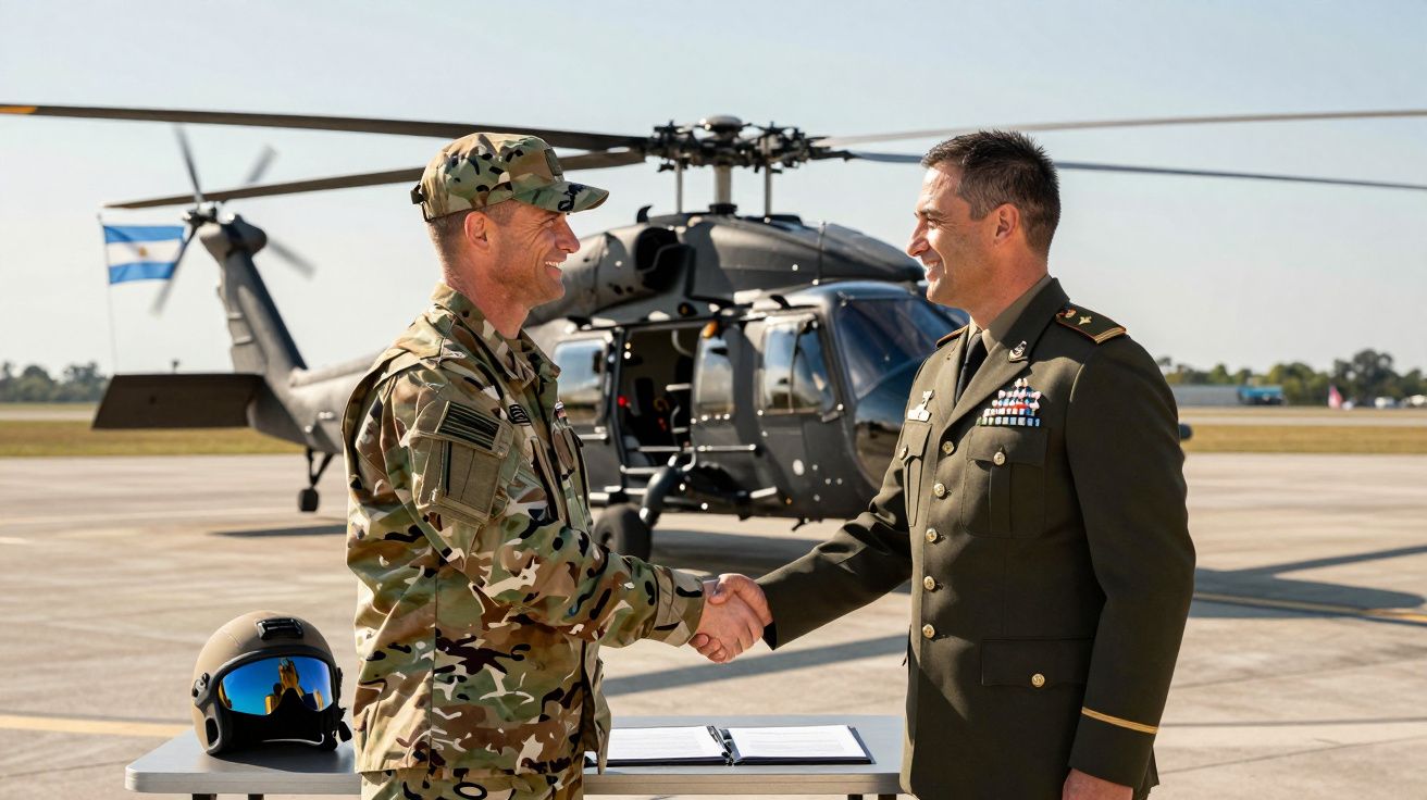 Dois militares a cumprimentar-se com aperto de mão em frente a um helicóptero estacionado numa pista.