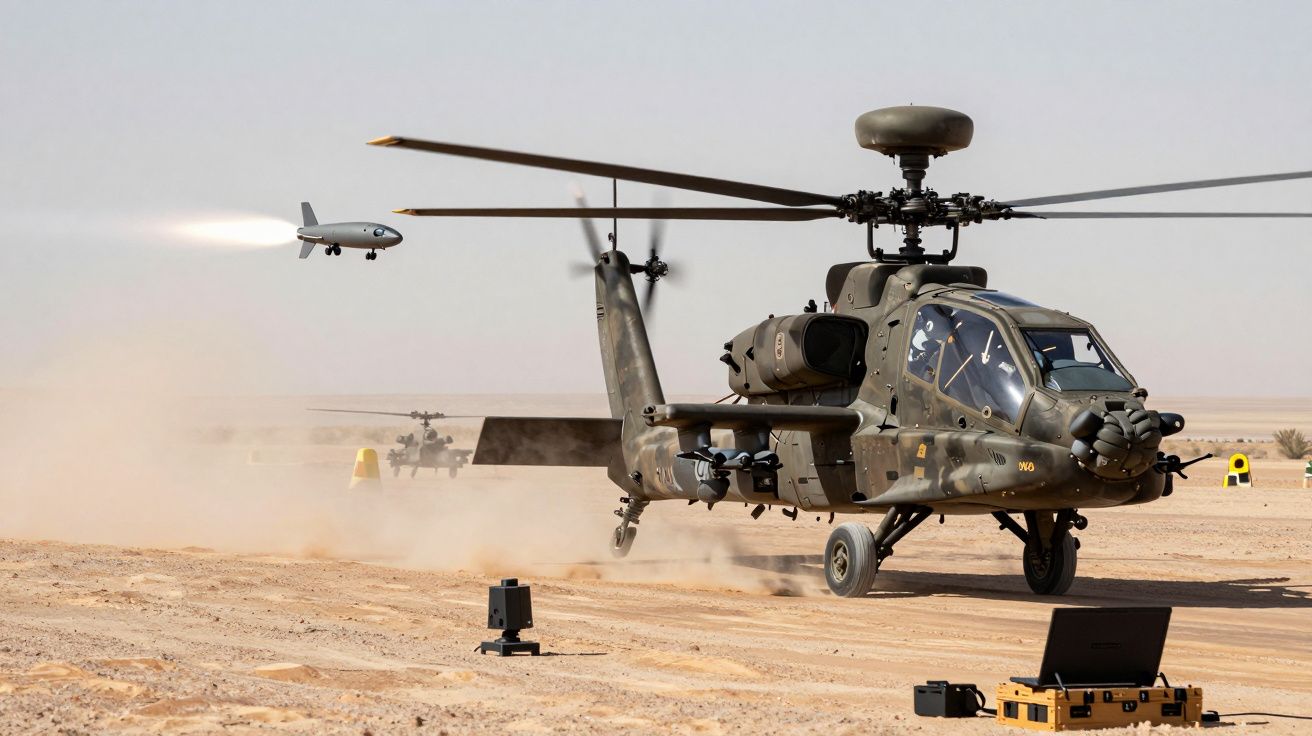 Helicóptero militar no deserto disparando míssil guiado com equipamento tecnológico no solo.