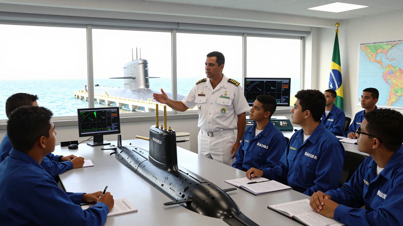 Oficial naval brasileiro a explicar modelo de submarino a jovens fardados em sala de aula com vista para submarino real.