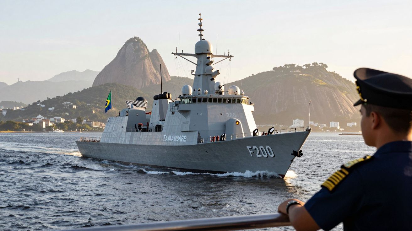 Fragata da Marinha do Brasil navegando com oficiais à vista e o Pão de Açúcar ao fundo no Rio de Janeiro.
