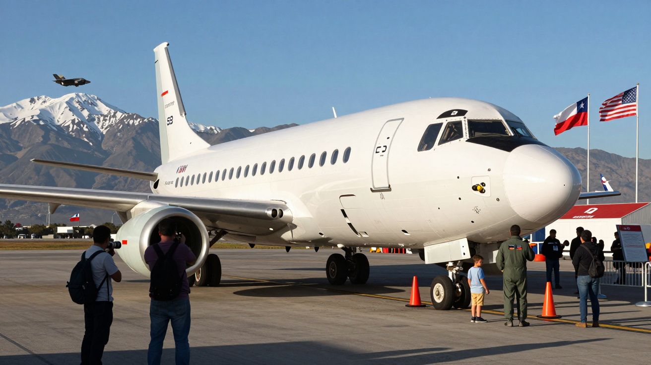 Avião militar branco estacionado com montanhas nevadas ao fundo e pessoas a observar na pista.