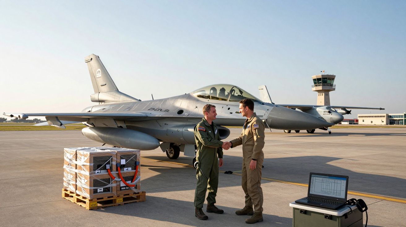 Dois pilotos militares apertam as mãos junto a um caça F-16 estacionado num aeroporto com torre de controlo ao fundo.