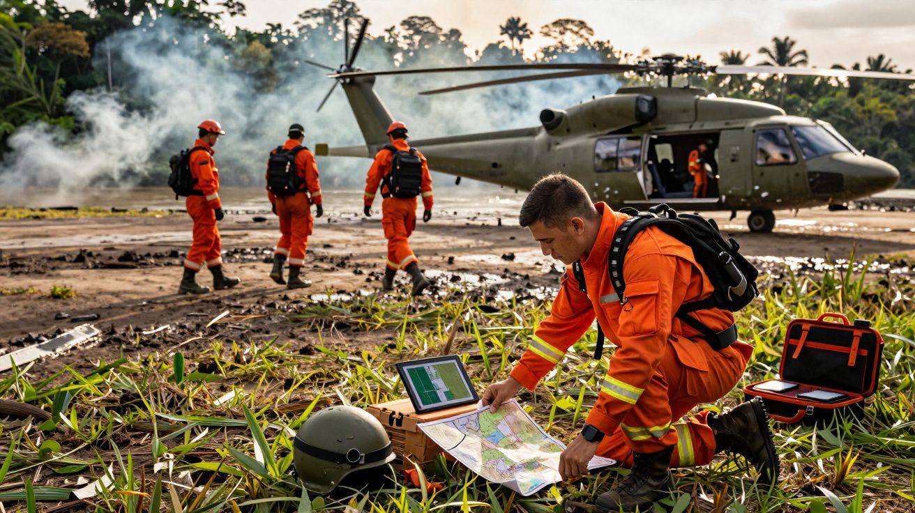 Equipa de resgate em fato laranja coordena operação no campo com helicóptero ao fundo e equipamento de mapas.