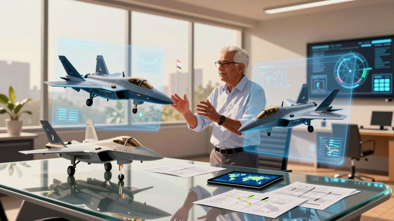 Engenheiro sénior analisa modelos de jatos de caça e projeções digitais numa mesa de escritório moderno.