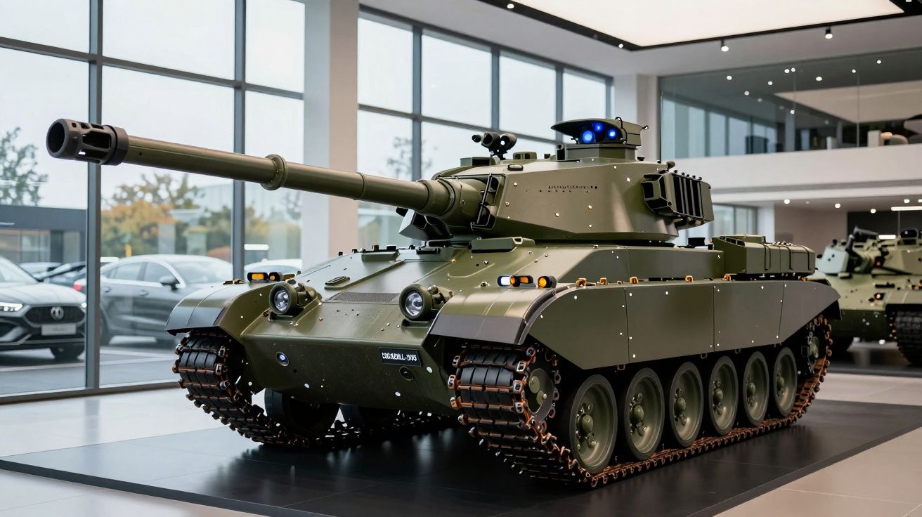 Tanque de combate moderno verde em exposição dentro de um edifício com janelas grandes.