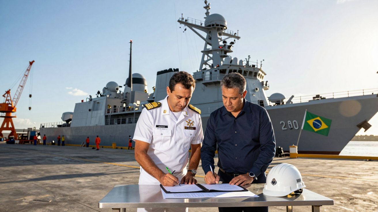 Dois homens assinando documentos em mesa junto a um navio de guerra brasileiro atracado no porto.