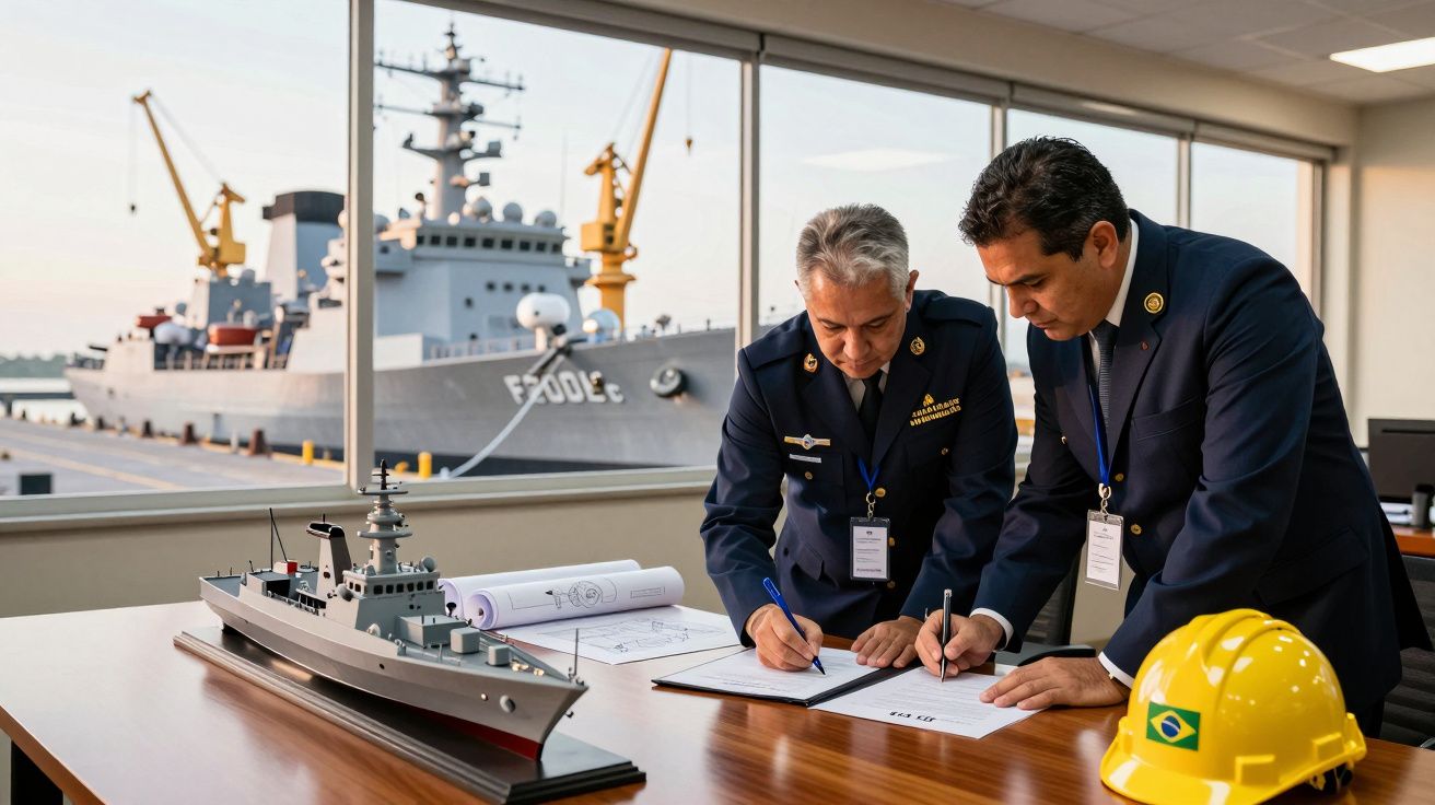 Dois homens com fardas oficiais assinam documentos em escritório com modelo de navio e capacete brasileiro, navio ao fundo.
