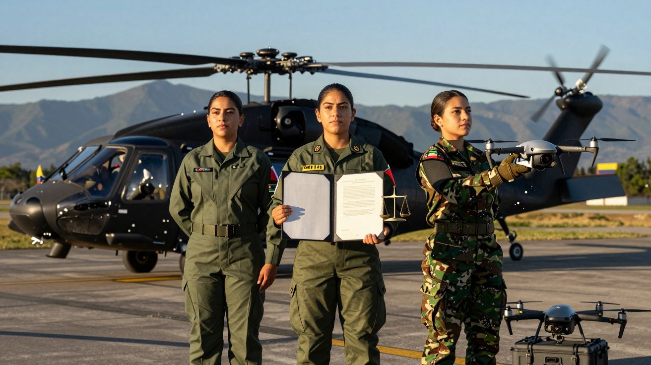 Três militares femininas em uniforme com helicóptero e drone num campo de aviação ao ar livre.