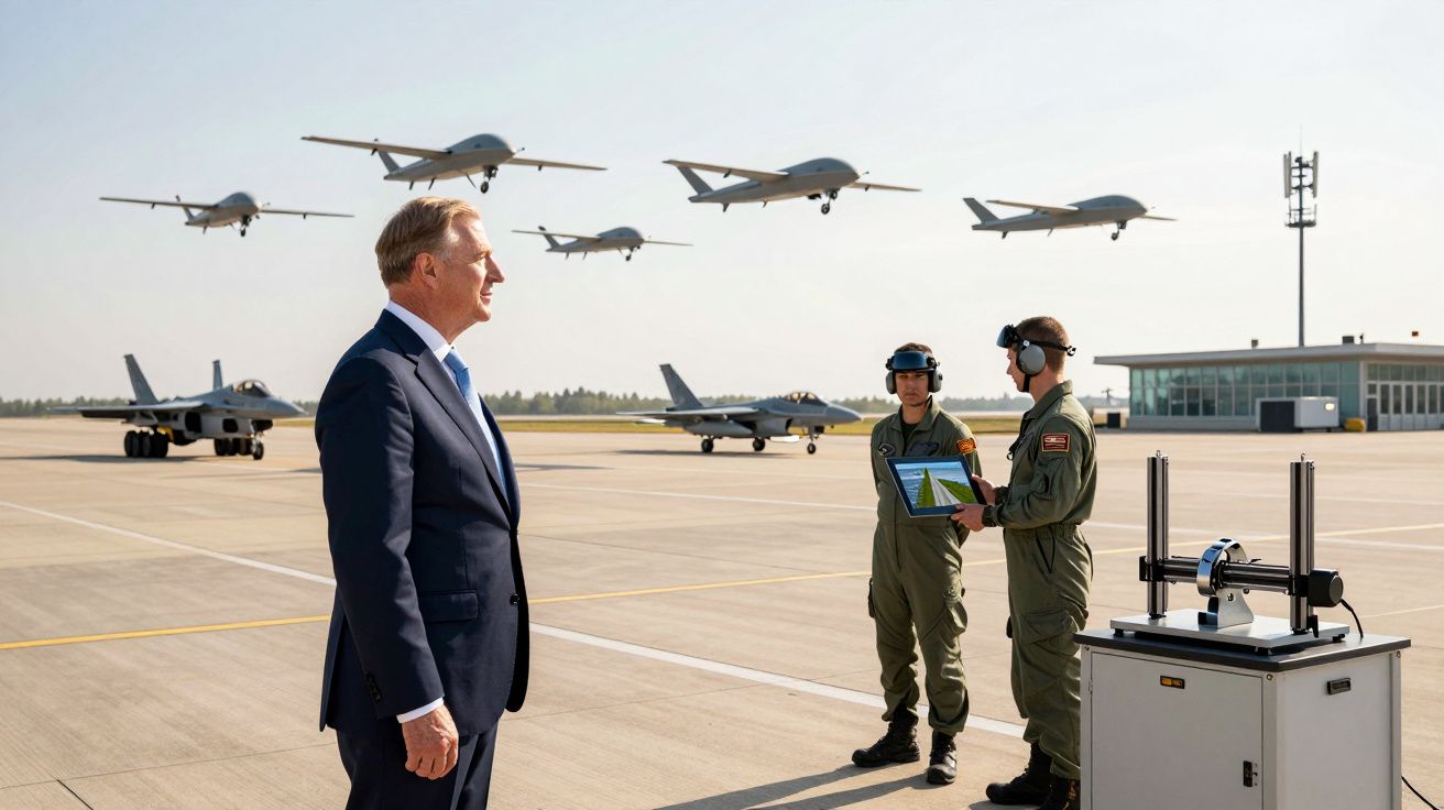 Homem de fato azul observa drones a voar numa pista de aeroporto militar com dois pilotos em uniforme verde.